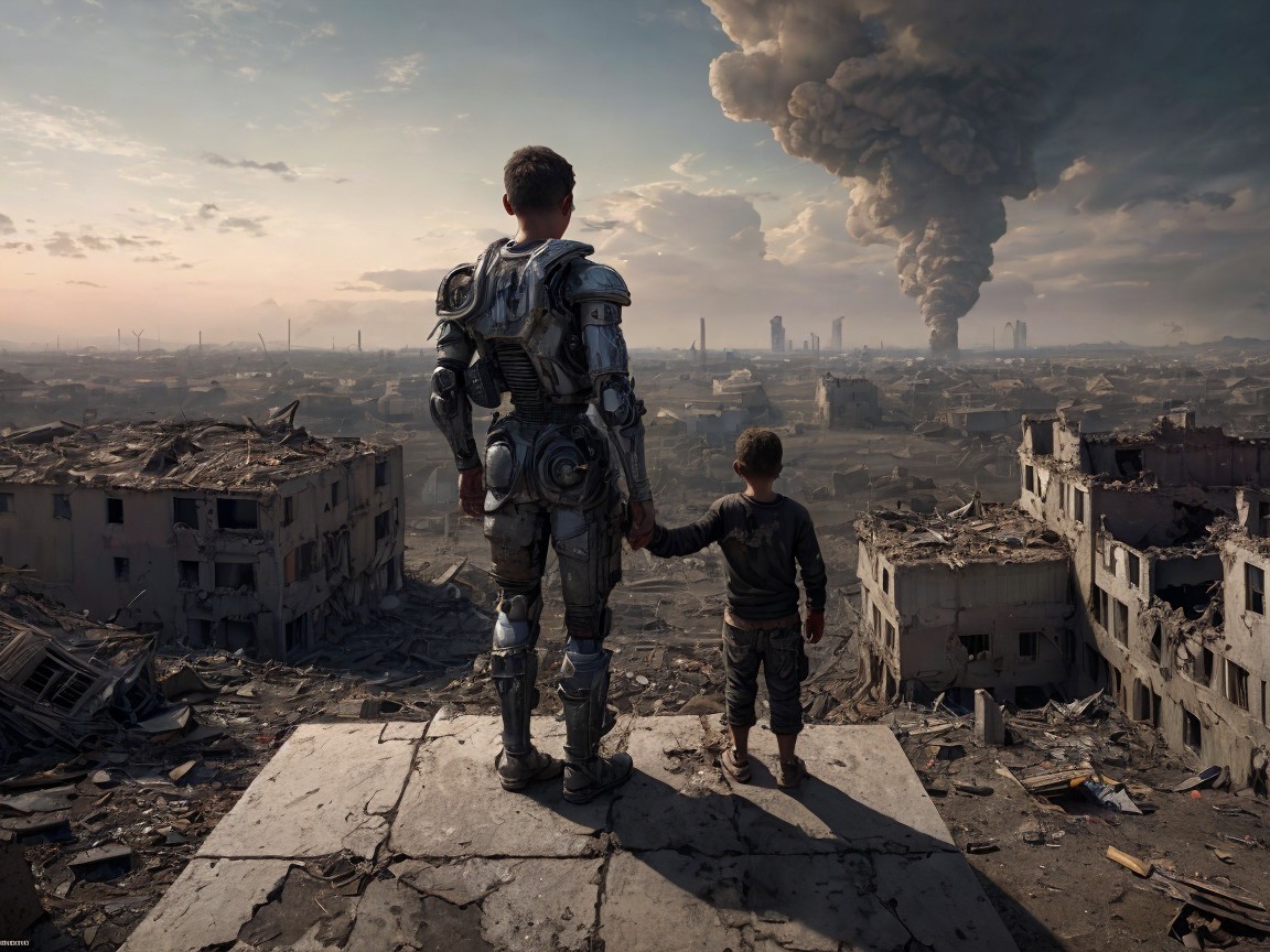 Armored Figure and Child Overlooking Ruined City