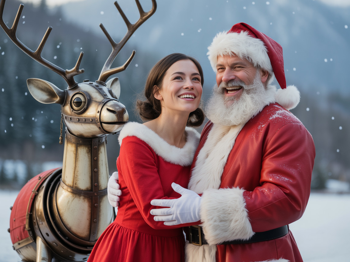 Joyful holiday scene with woman, Santa, and reindeer