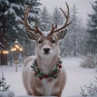 Reindeer in Snowy Forest with Festive Wreath and Lanterns