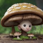 Whimsical creature with mushroom cap in forest setting