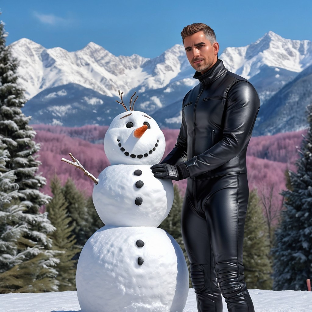 Attractive man in leather suit next to snowman outdoors