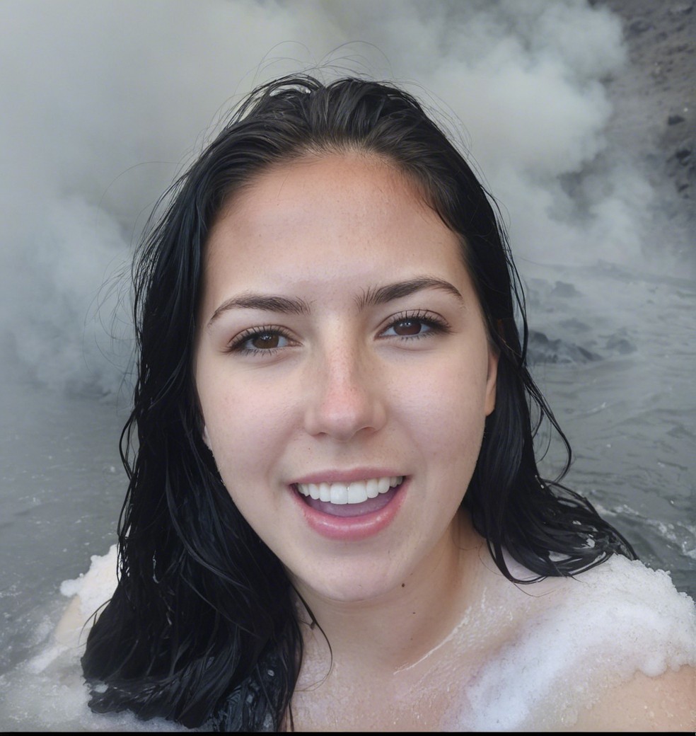 Young woman smiling in a serene hot spring setting