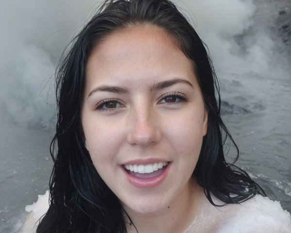 Young woman smiling in a serene hot spring setting