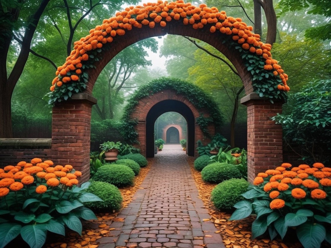 Serene garden path with brick arches and flowers