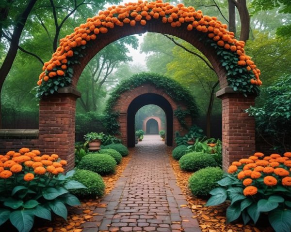 Serene garden path with brick arches and flowers