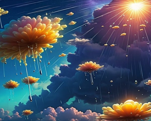 Vibrant Flowers and Colorful Clouds in Enchanting Sky