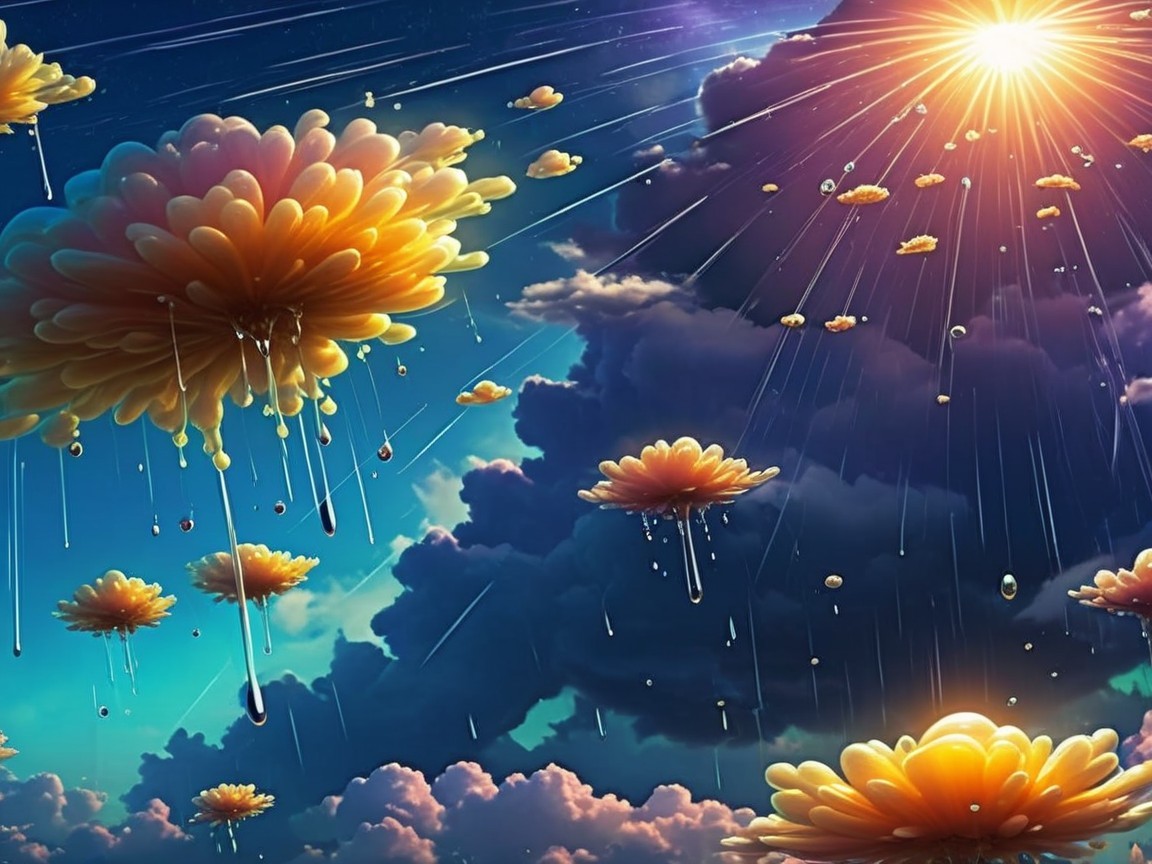 Vibrant Flowers and Colorful Clouds in Enchanting Sky