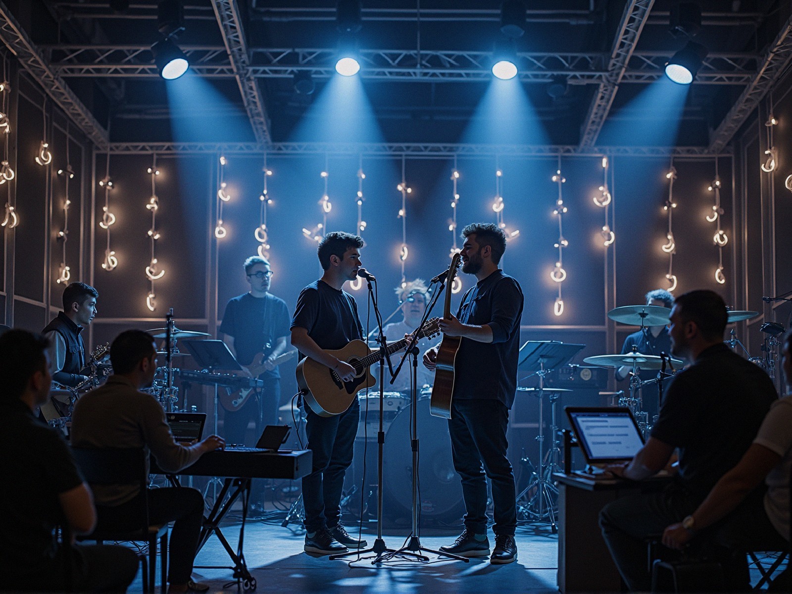 Musicians Perform in Dimly Lit Studio with Instruments