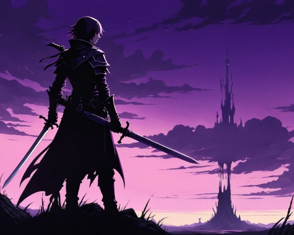 Lone Warrior on Hill with Castle at Twilight Sky