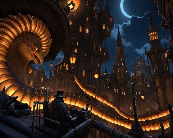 Gothic Cityscape with Serpent and Mysterious Figure
