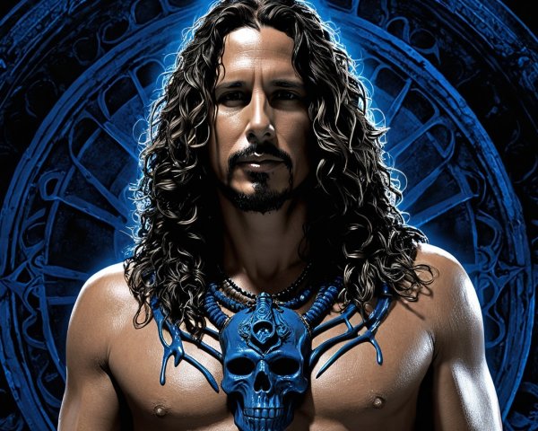 Muscular Man with Blue Necklace Against Dark Background