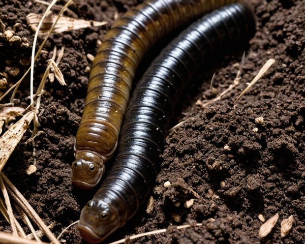 Large Caterpillars in Dark Soil with Organic Debris