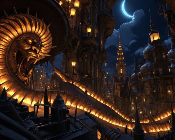 Fantastical Night Cityscape with Dragon Sculpture