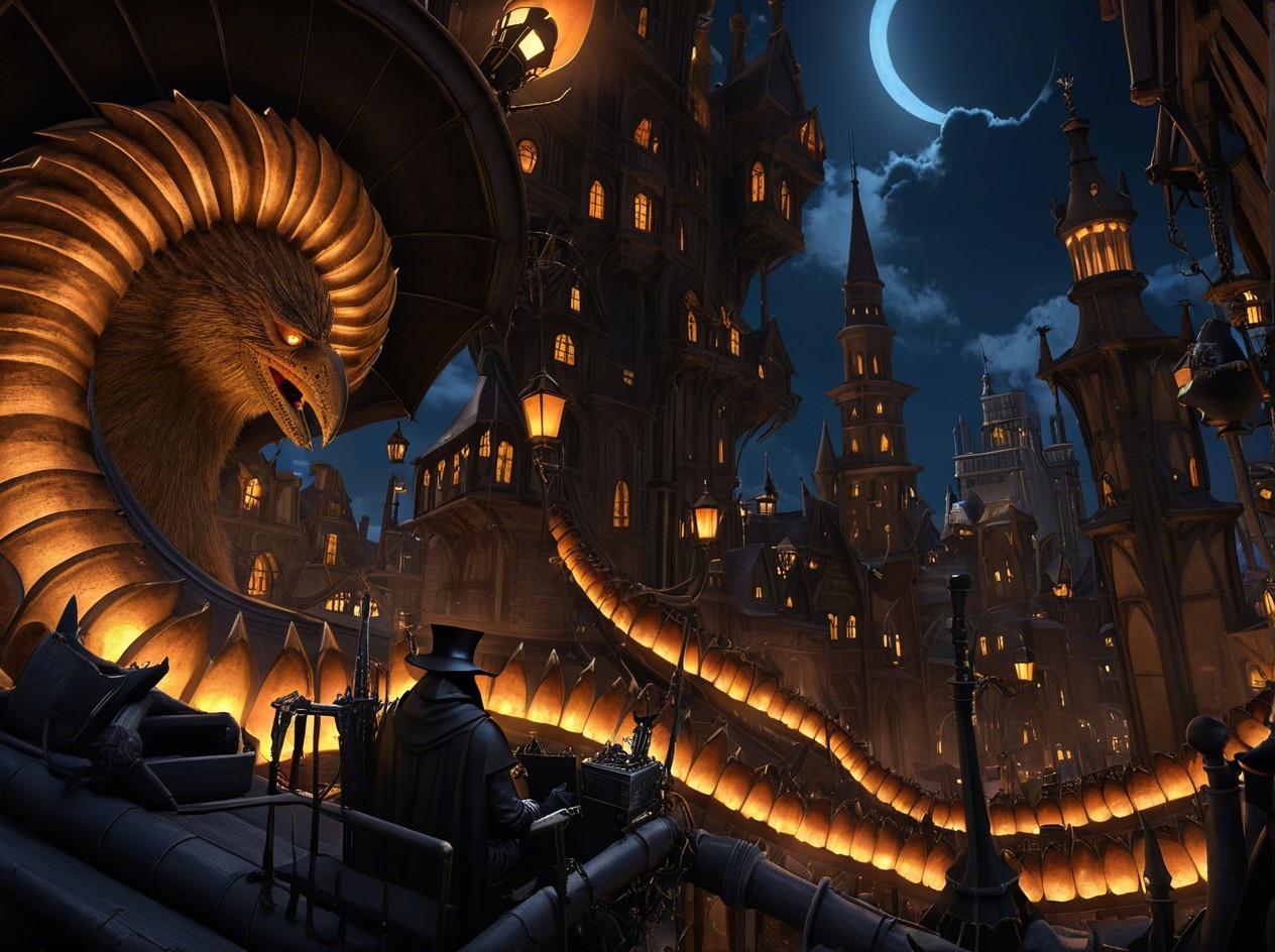 Gothic Cityscape with Serpent and Mysterious Figure