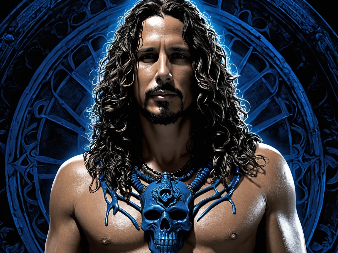 Muscular Man with Blue Necklace Against Dark Background