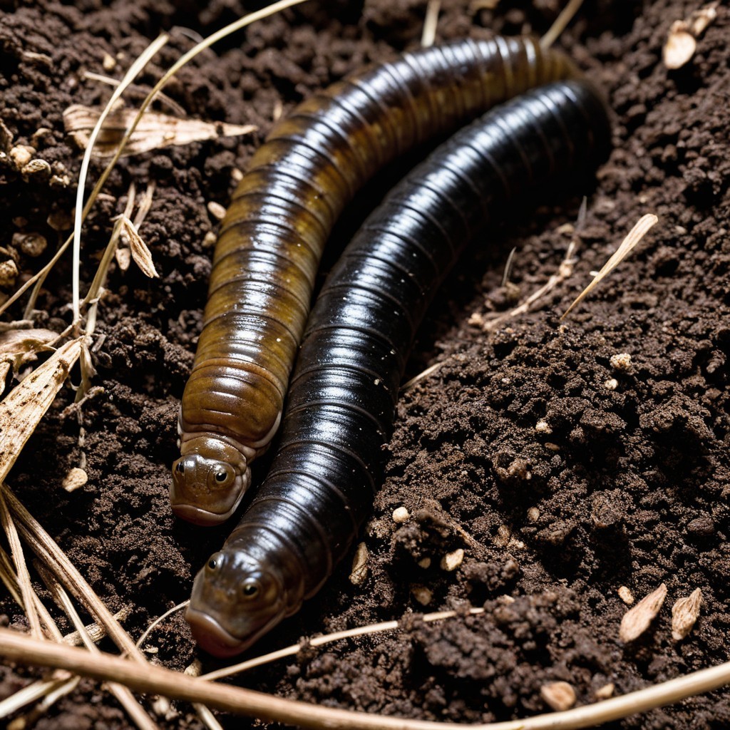 Large Caterpillars in Dark Soil with Organic Debris