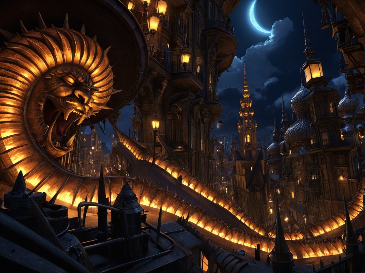 Fantastical Night Cityscape with Dragon Sculpture