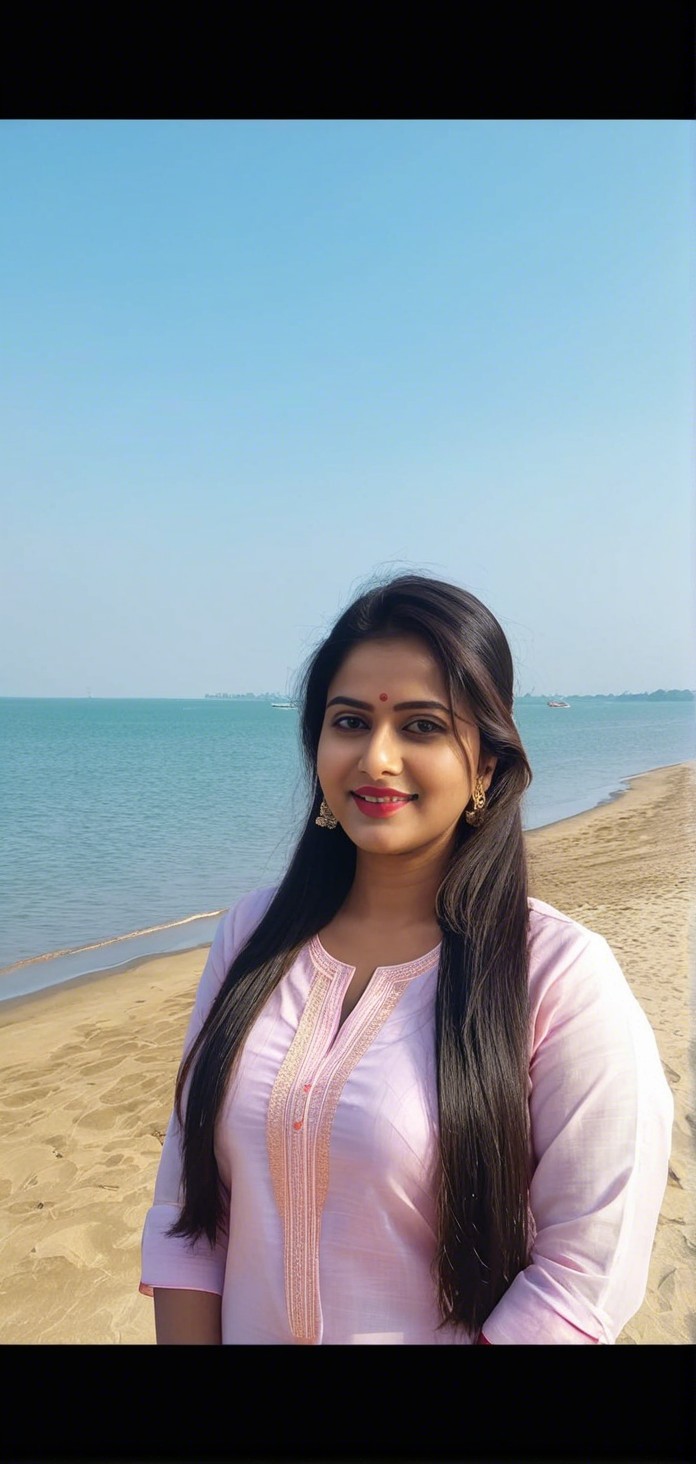 Young woman in pink outfit on serene beach scene