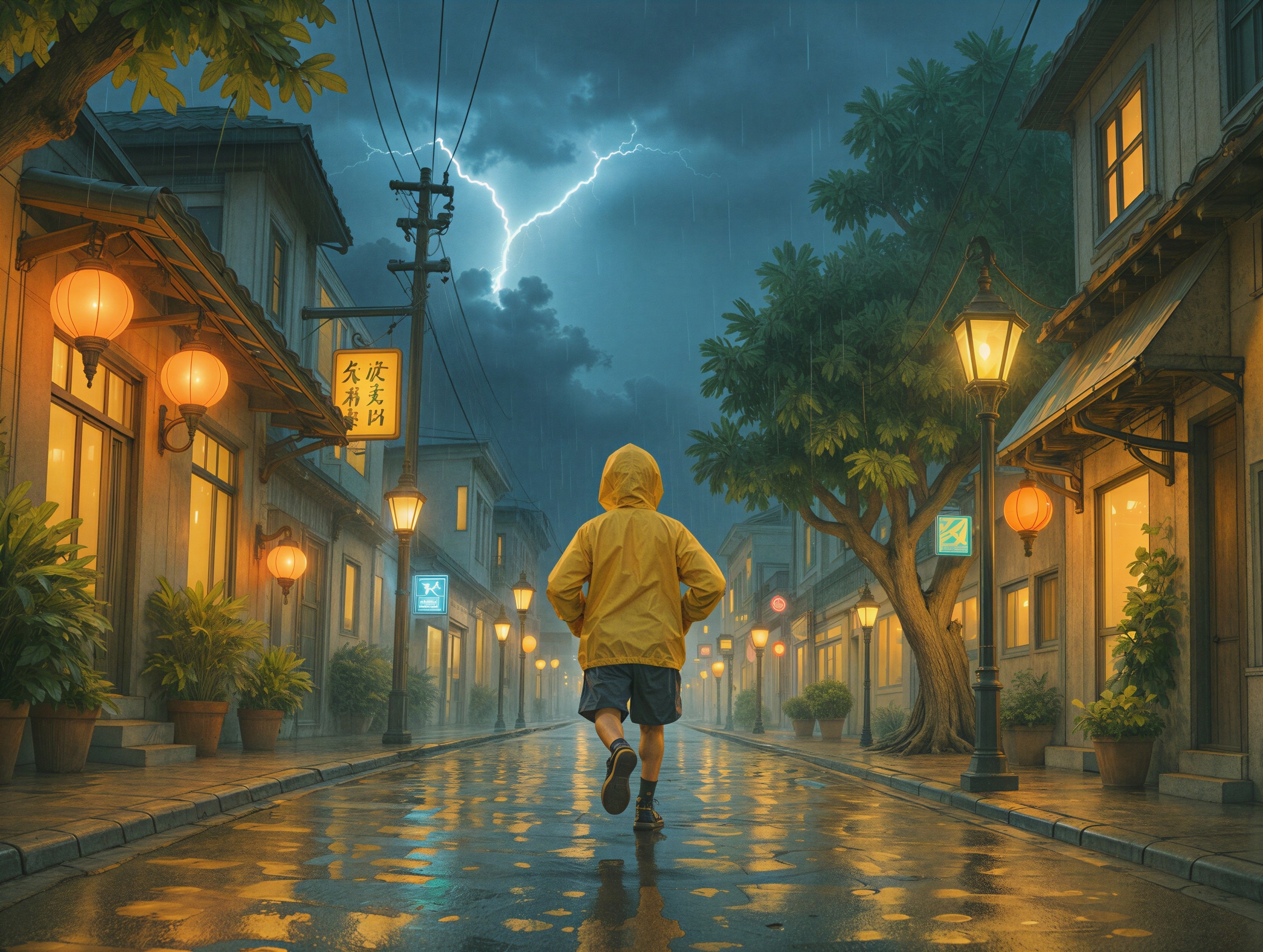 Child in yellow raincoat on rainy deserted street