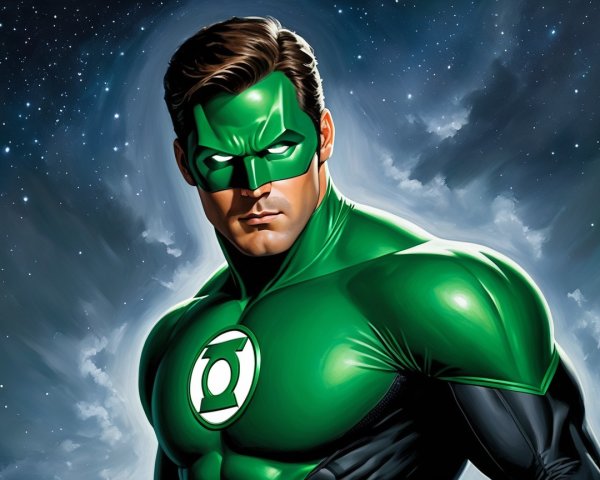 Superhero in Green and Black Costume with Cosmic Background