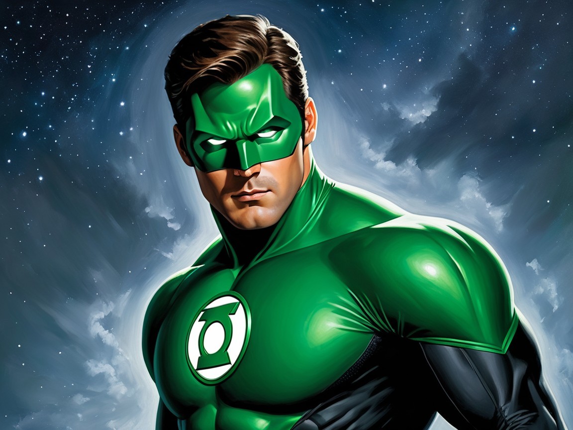Superhero in Green and Black Costume with Cosmic Background