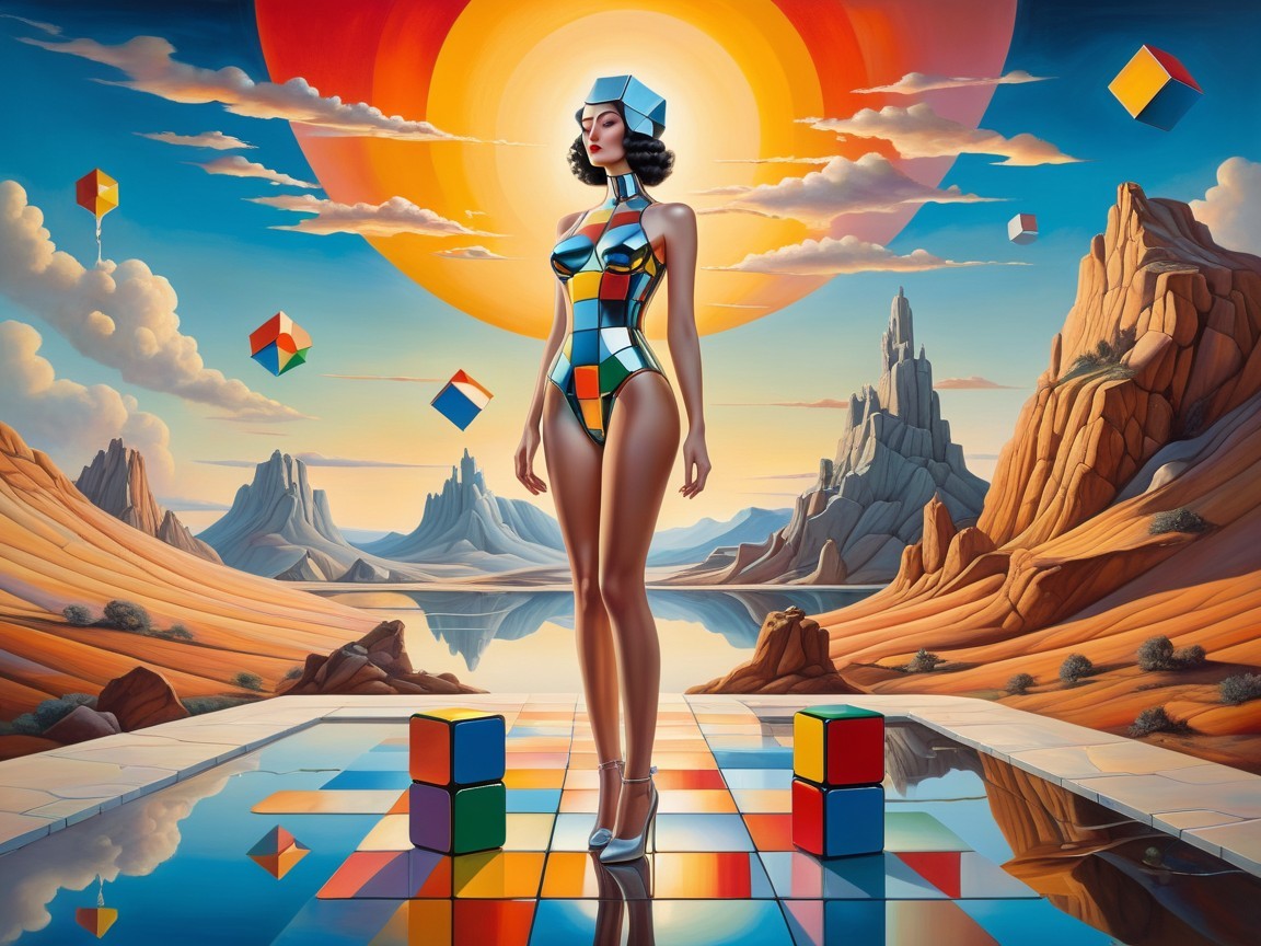 Futuristic Woman in Geometric Bodysuit at Sunset