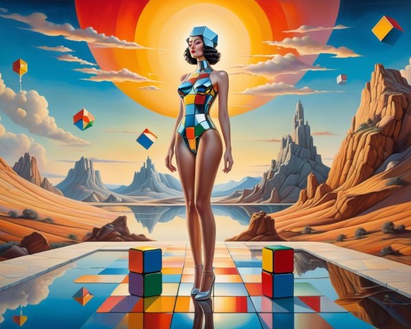Futuristic Woman in Geometric Bodysuit at Sunset
