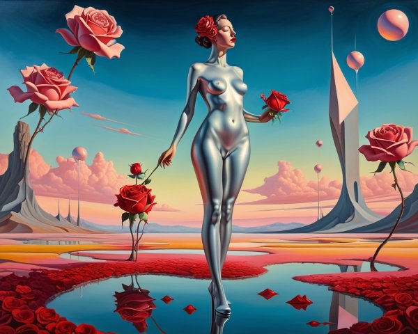 Surreal Landscape with Metallic Figure and Roses
