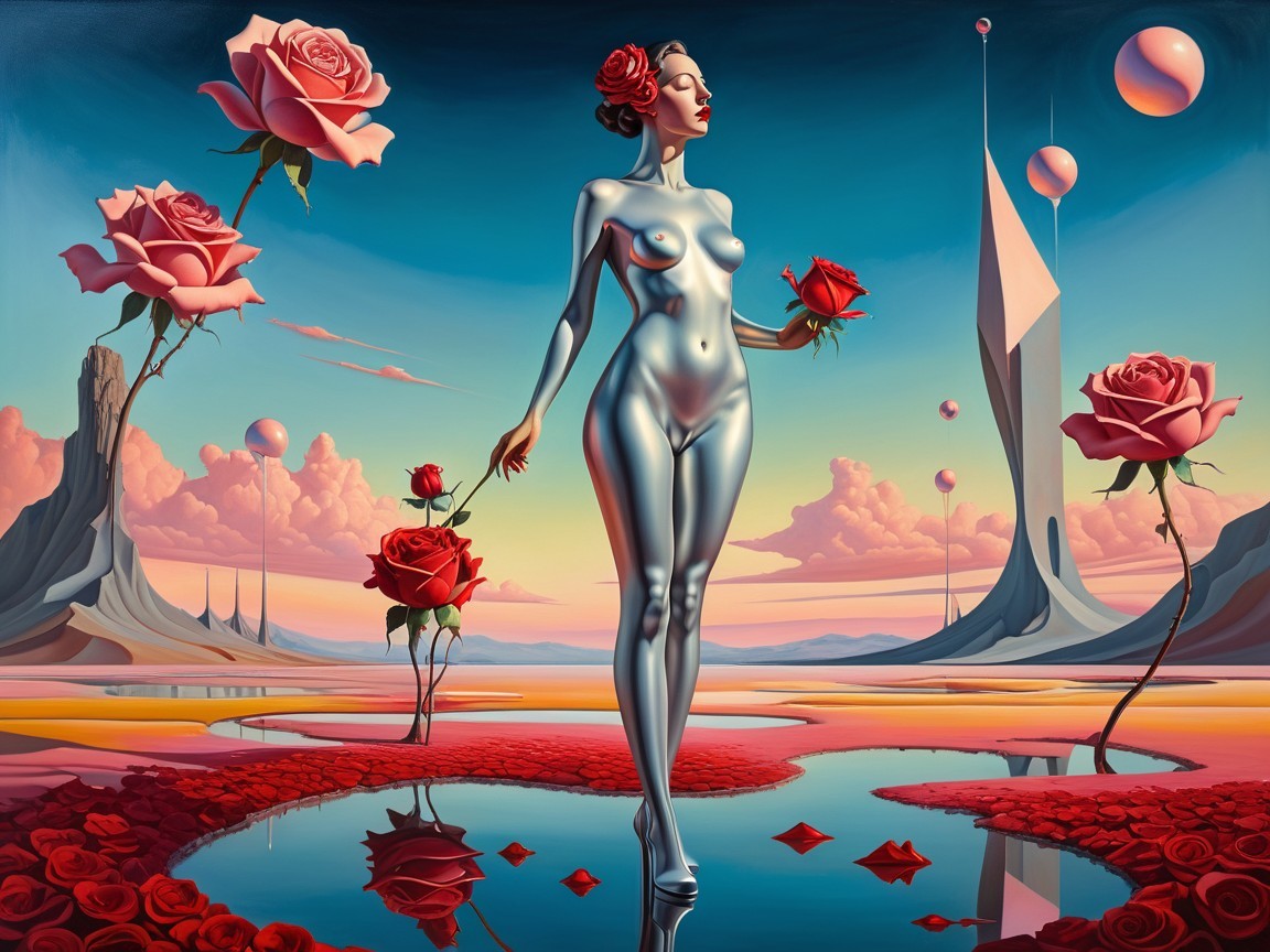 Surreal Landscape with Metallic Figure and Roses