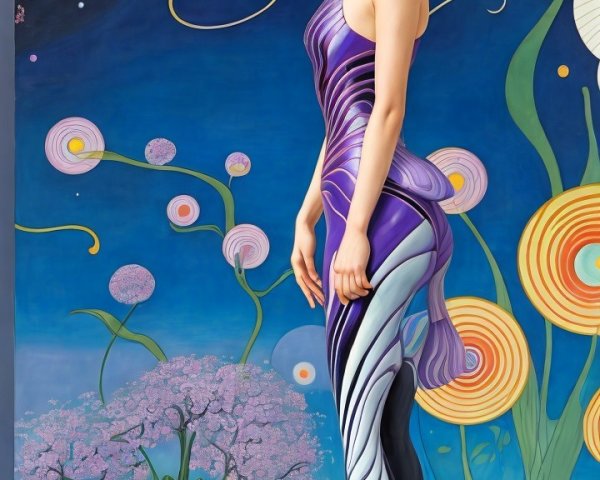 Woman in Purple Outfit Against Abstract Colorful Background