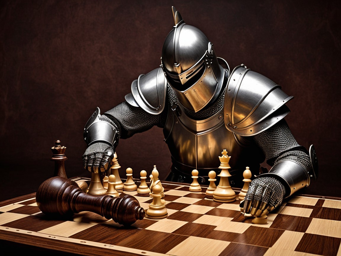 Knight in Armor Strategically Maneuvering Chess Pieces