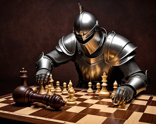 Knight in Armor Strategically Maneuvering Chess Pieces