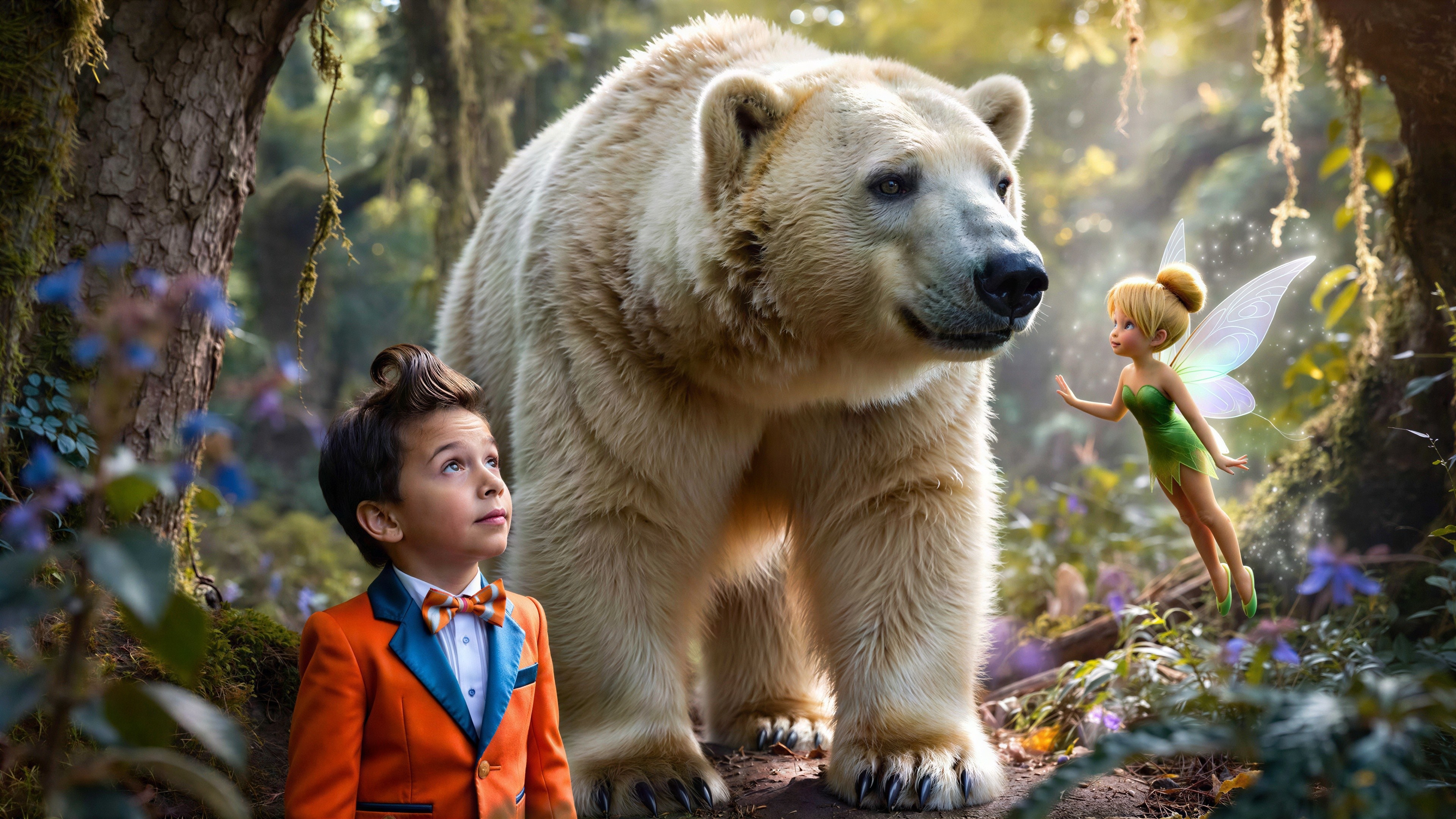 Whimsical Scene with Boy, Bear, and Fairy in Forest