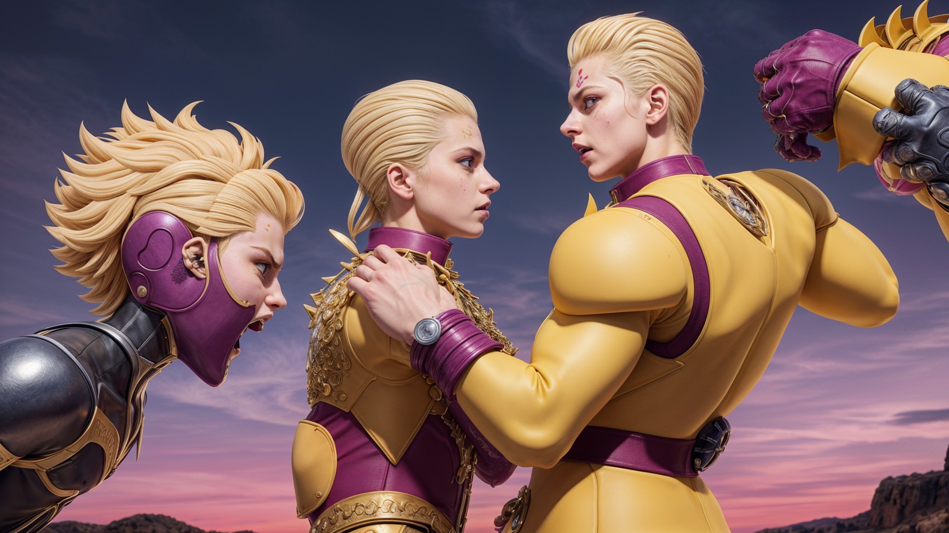 Three Figures in Yellow Costumes Against Sunset Sky