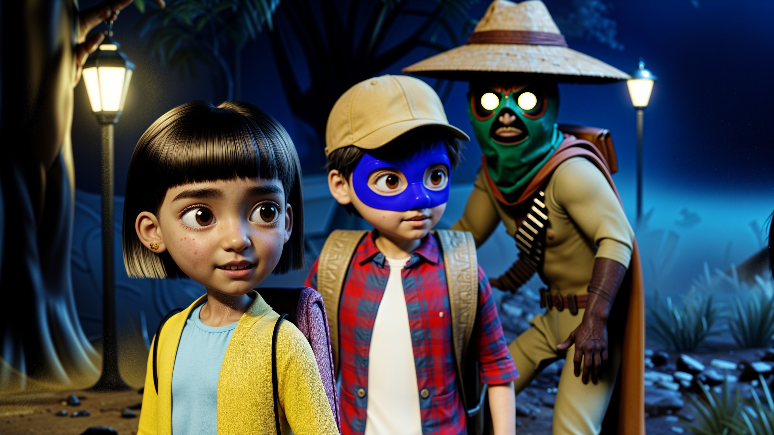 Children in a Mysterious Forest at Night