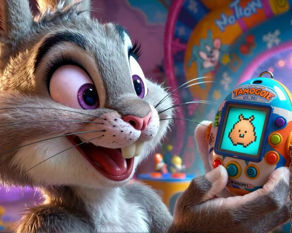 Gray Rabbit with Tamagotchi in Colorful Background