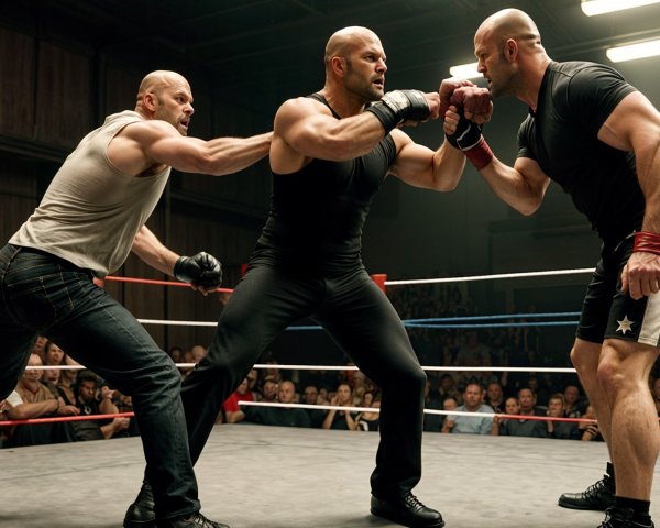 Intense Wrestling Match in Dimly Lit Arena