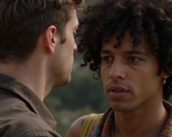Young men in conversation in a green outdoor setting