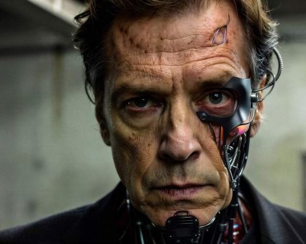 Close-up of Older Man with Cybernetic Facial Implant