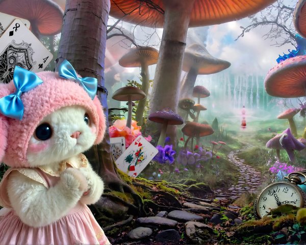 Whimsical Alice in Wonderland Scene with Rabbit and Forest