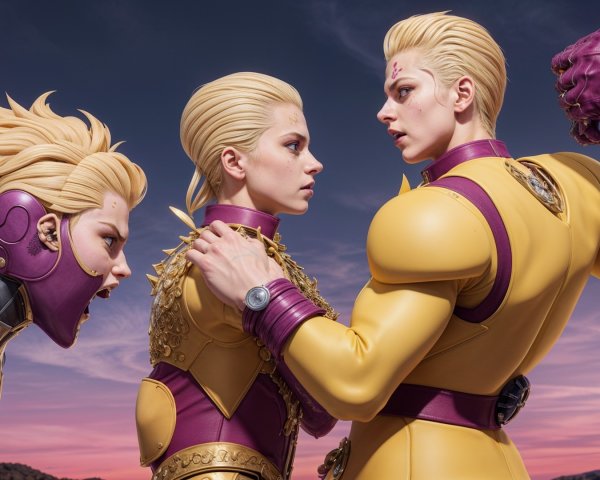 Three Figures in Yellow Costumes Against Sunset Sky