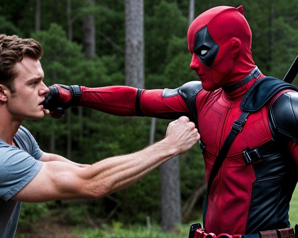 Outdoor Mock Fight Between a Muscular Man and Superhero