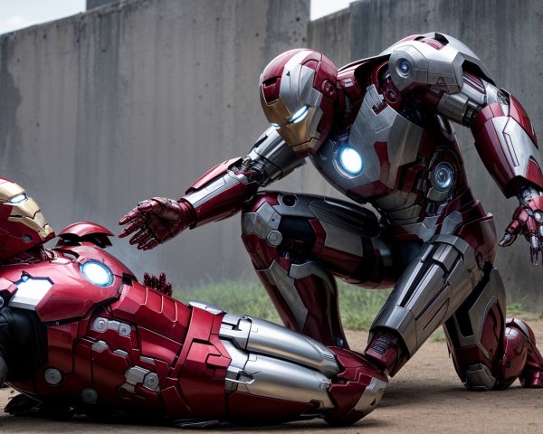 Iron Man Suits in Gritty Outdoor Scene with Smoke