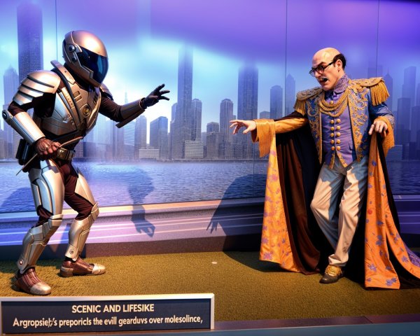 Futuristic Robot and Theatrical Character Confrontation