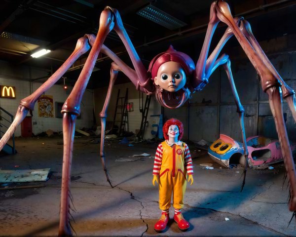 Giant Doll-Headed Spider in Abandoned Room Setting