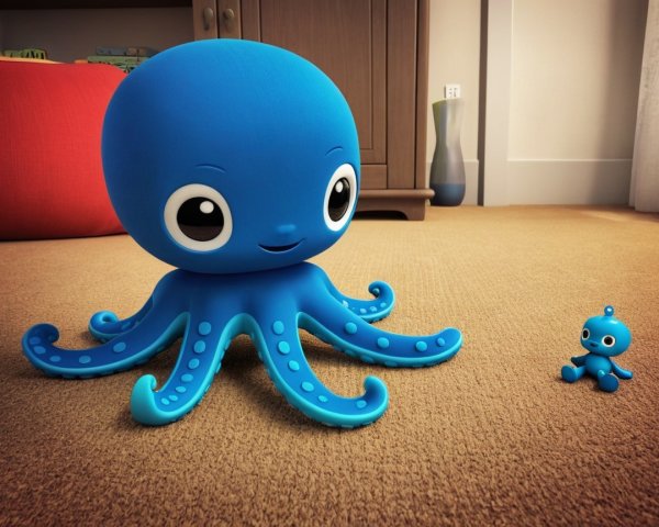 Blue Cartoon Octopus Toy on Brown Carpet with Decor