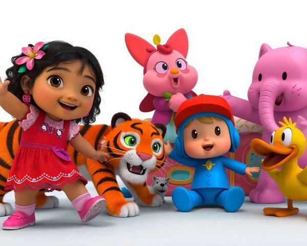 Cartoon Girl with Tiger and Baby Boy in Colorful Scene