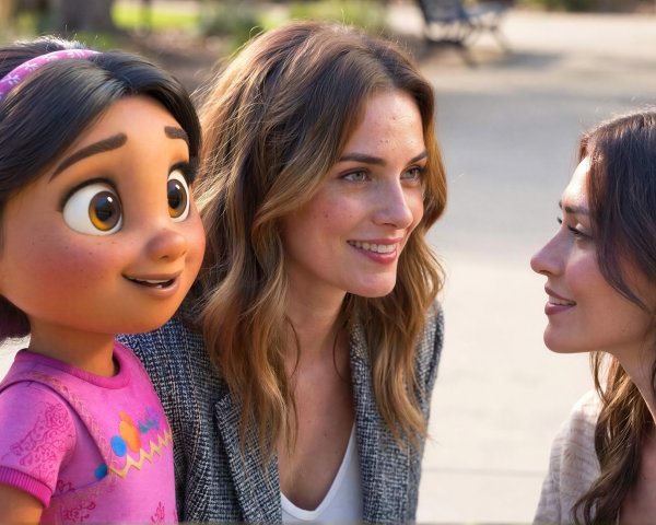 Photograph of Three Women: Two Live-Action and One Animated