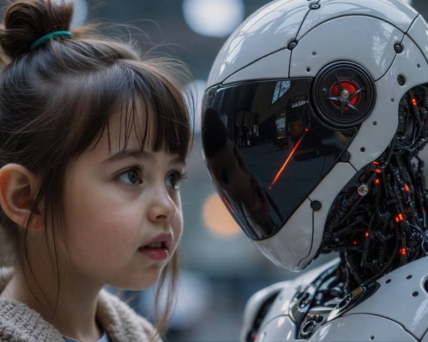 Close-up of a girl and a robot with bokeh background