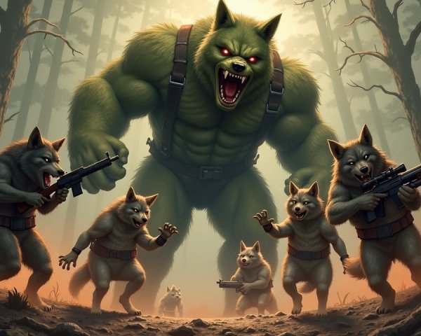 Giant Werewolf and Armed Wolves in Dark Forest Scene